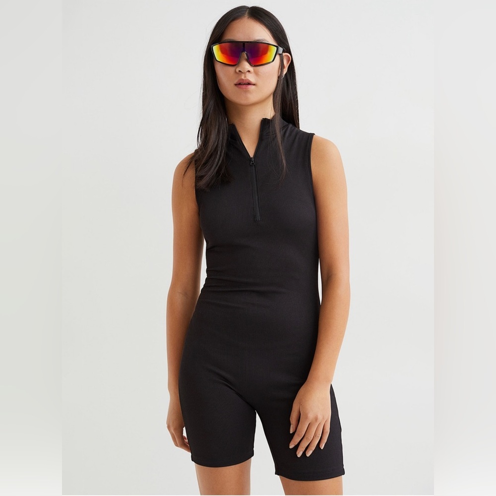 H&M Women Black Ribbed Unitard
